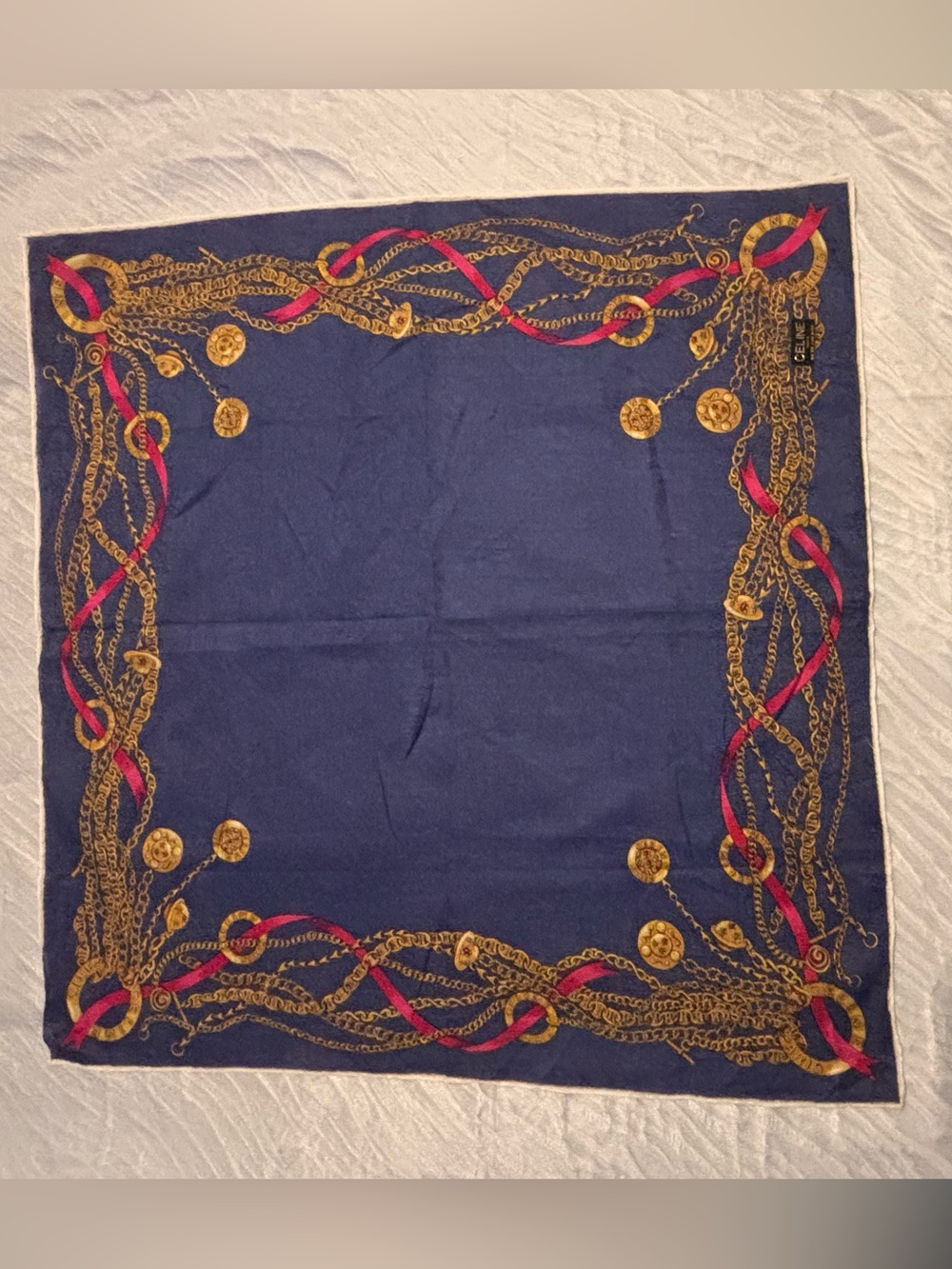 Authentic Celine Navy Cotton Scarf with Gold Chain and Pink Ribbon Motif